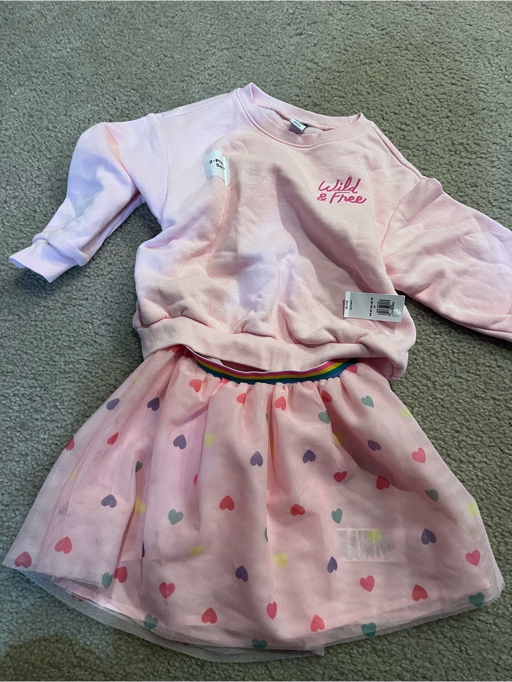 Pink "Wild & Free" Sweatshirt and Heart Print Tulle Skirt Set New 3T